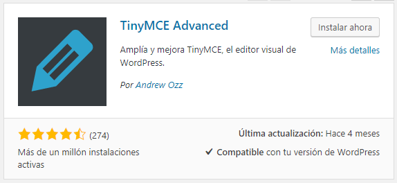 Plugin TinyMCE Advanced para instalar en WordPress.org
